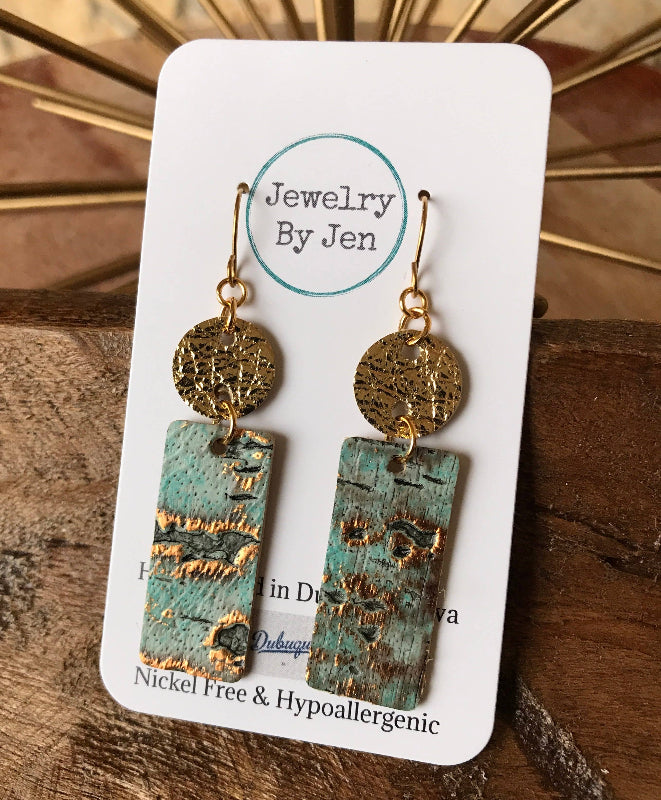 Small Leather Bar Earrings Gold Turquoise Wildwood