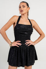 Sequin Halter Corset Flare Mini Dress - Black