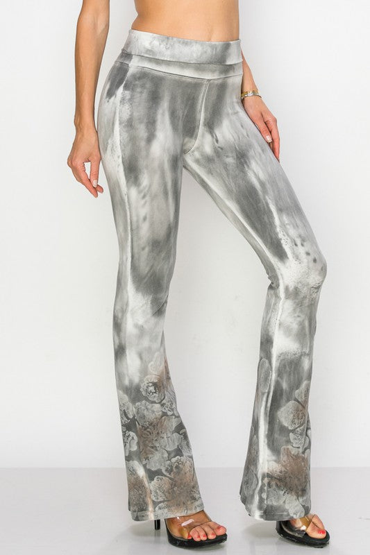 T-Party Floral Tie Dye Print Flare Pants - Gray