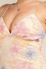 Floral Beaded Back Lace Up Mini Dress - Pastel