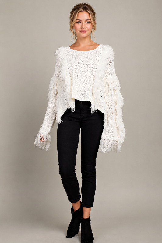 L Love Fringe Cable Crop Sweater - Soft White