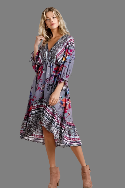 umgee midi dress Umgee Mixed Print Hi Lo Midi Dress