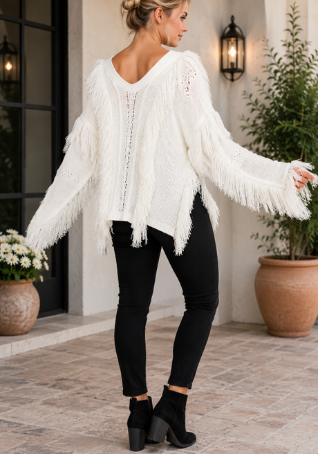 L Love Fringe Cable Crop Sweater - Soft White