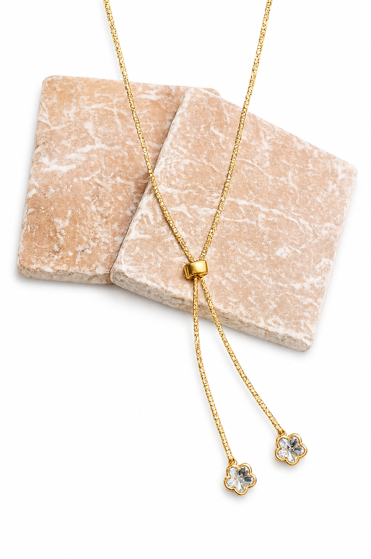 Flower CZ Briolette Gold Tennis Lariat Necklace