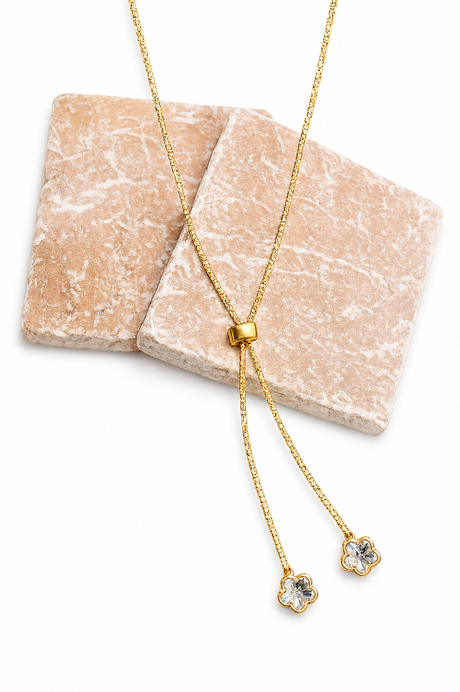Flower CZ Briolette Gold Tennis Lariat Necklace