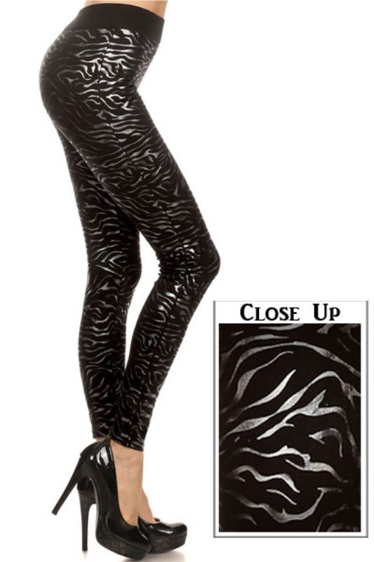 Yelete Fleece Party Leggings - Foil Print Silver/Black