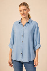 Tencel Oversized Button Front Blouse – Chambray Blue