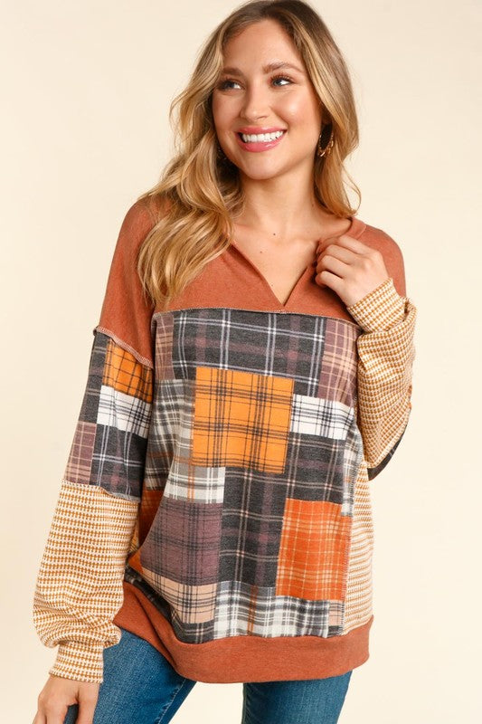 Pumpkin Patch Colorblock Patchwork Top - Rust/Charcoal/Mustard