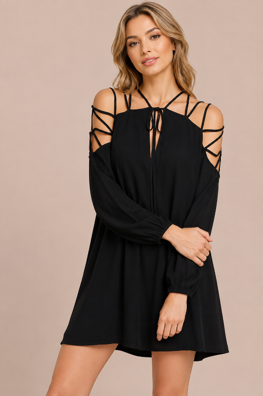 Midnight Elegance Cold Shoulder Lattice Sleeve Dress