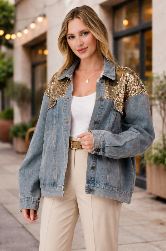 *SALE Gee Gee Wash Denim Gold Sequins Trucker Jacket