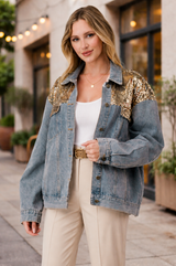 *SALE Gee Gee Wash Denim Gold Sequins Trucker Jacket