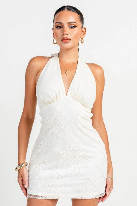Halter Tie Back Lace Mini Dress - Ivory