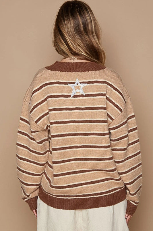 POL Star Gazer Patch Stripe Sweater - Brown Stripe