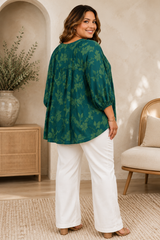 Plus Size Floral Textured Henley Blouse - Hunter Green