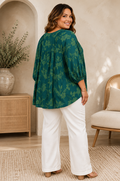 Plus Size Floral Textured Henley Blouse - Hunter Green