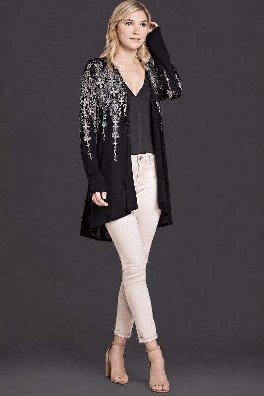 Vocal Crosses Multicolor Rhinestones Hi Lo Cardigan - Black