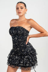 Metallic Lace Corset Waist Ruffles Mini Dress - Black