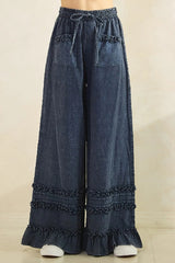 Mittoshop Mineral Wash Ruffle Trim Wide Leg Pants - Blueberry
