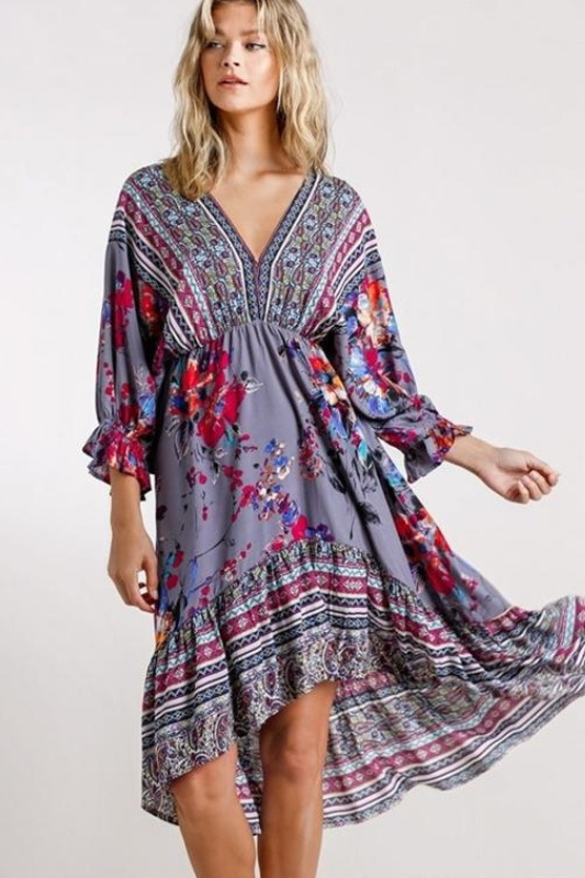 Umgee Mixed Print Hi Lo Midi Dress - Grey Combo