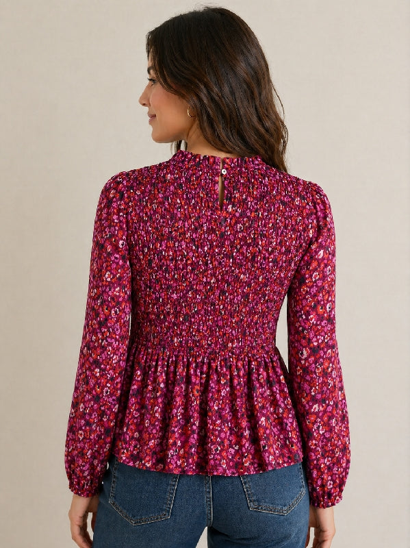 Jodifl Smocked Floral Peplum Blouse – Magenta Multi
