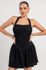 Sequin Halter Corset Flare Mini Dress - Black