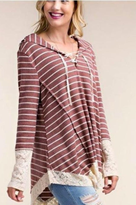 Casual Stripe Hoodie & Lace Sleeve - Rust