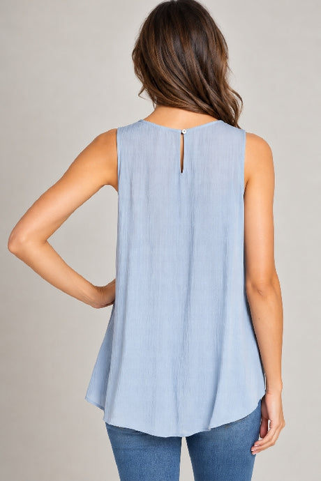 Mittoshop Flower Applique Sleeveless Top - Chambray Blue