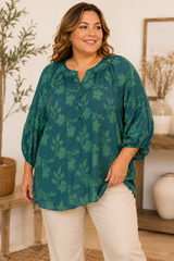 Plus Size Floral Textured Henley Blouse - Hunter Green