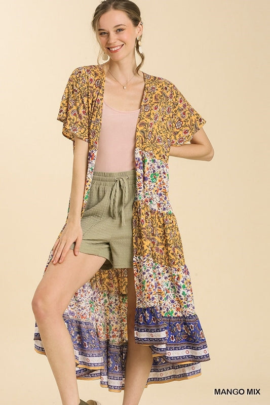 Umgee Mixed Print Tiered Long Kimono - Mango Mix