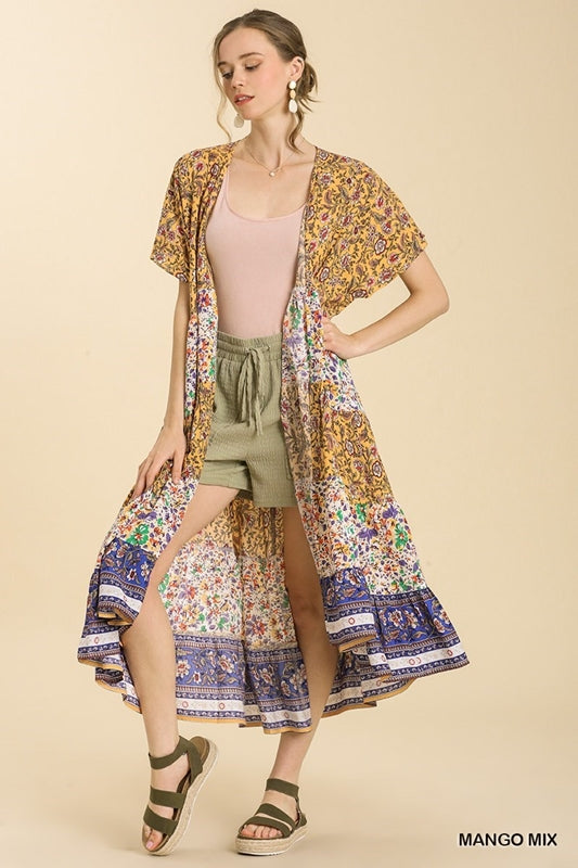 Umgee Mixed Print Tiered Long Kimono - Mango Mix