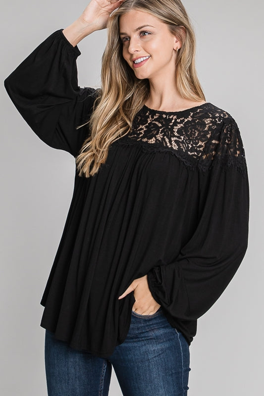 Allie Rose Loose Top Lace Accent - Black