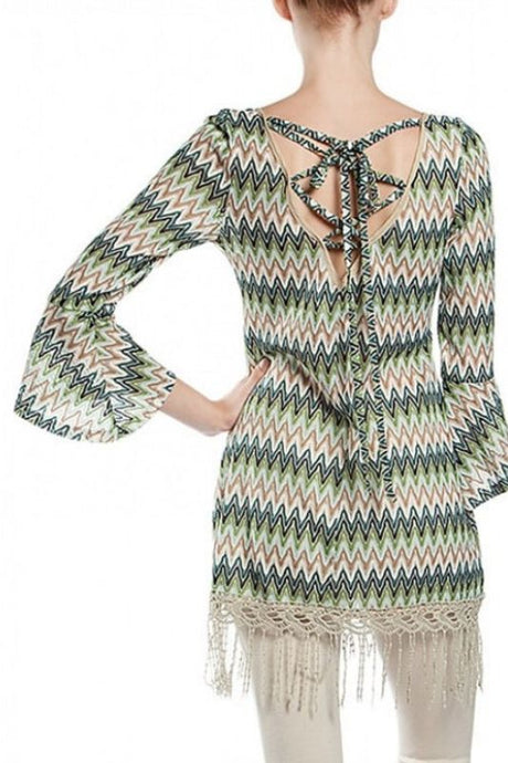 A'Reve Back Lace Up Fringe Tunic - Teal Multi