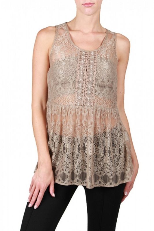 A'Reve Beaded Lace Tank Top - Taupe