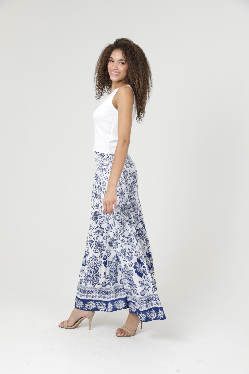Angie Blue Border Flower Ruffle Hem Pants - Ivory/Blue