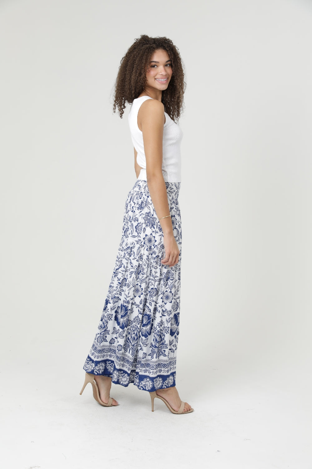 Angie Blue Border Flower Ruffle Hem Pants - Ivory/Blue