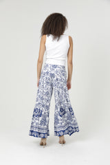 Angie Blue Border Flower Ruffle Hem Pants - Ivory/Blue
