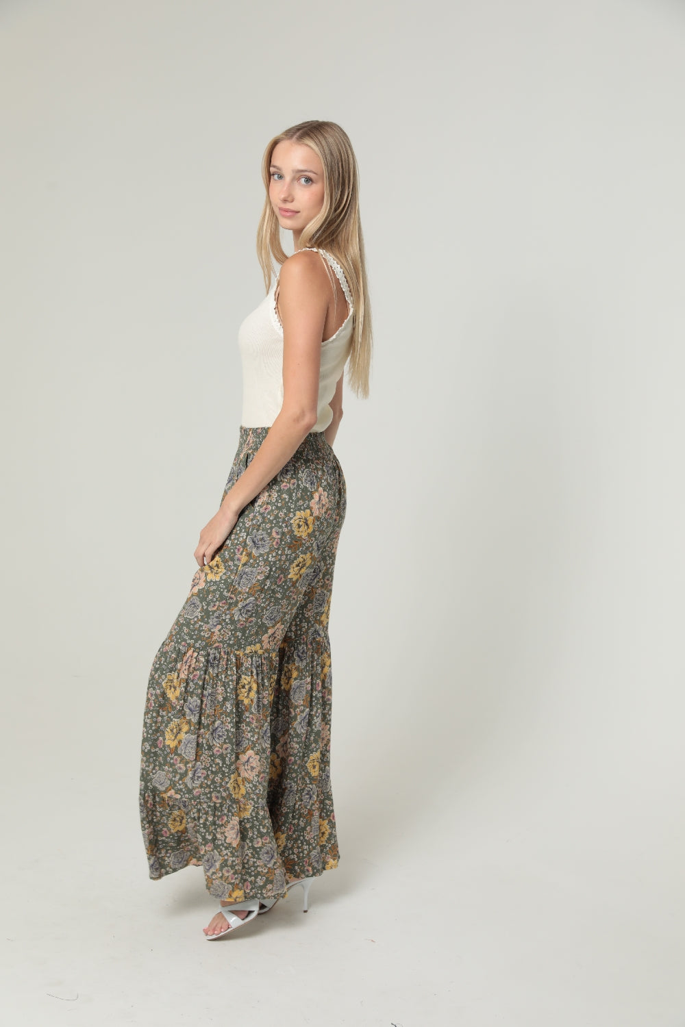 Angie May Flowers Flowy Ruffle Hem Pants - Olive