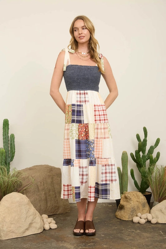 Blu Pepper Patchwork Smocked Midi Dress - Denim
