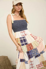 Blu Pepper Patchwork Smocked Midi Dress - Denim