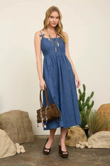 Blu Pepper Bow Spaghetti Strap Midi Dress - Denim