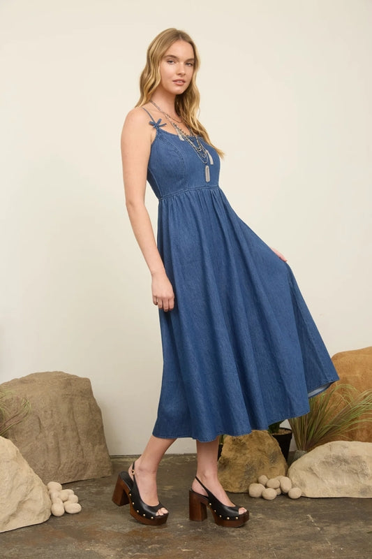Blu Pepper Bow Spaghetti Strap Midi Dress - Denim