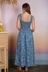 Blu Pepper Denim Blue Floral Square Neck Jacquard Midi Dress