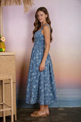 Blu Pepper Denim Blue Floral Square Neck Jacquard Midi Dress