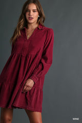 Umgee Mineral Wash Corduroy Dress - Wine