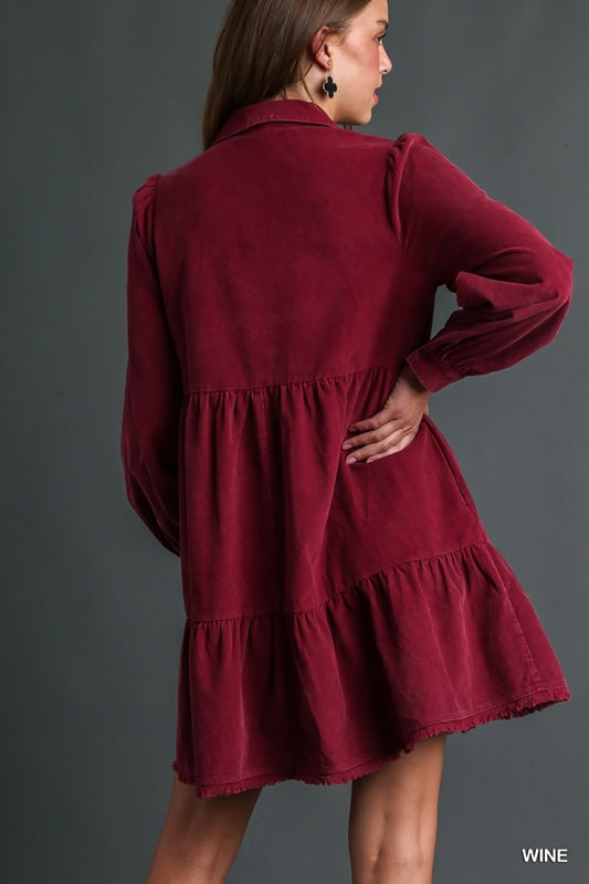 Umgee Mineral Wash Corduroy Dress - Wine