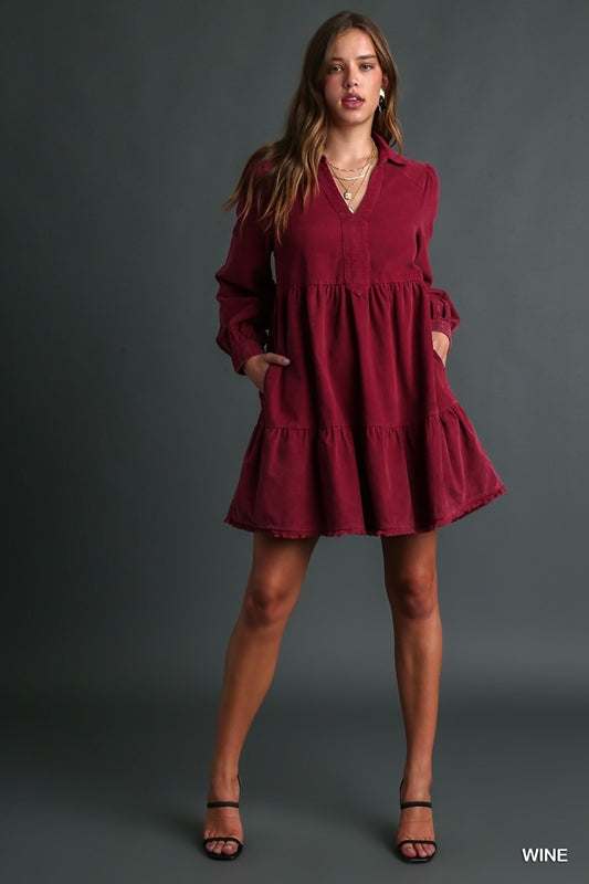 Umgee Mineral Wash Corduroy Dress - Wine