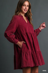 Umgee Mineral Wash Corduroy Dress - Wine