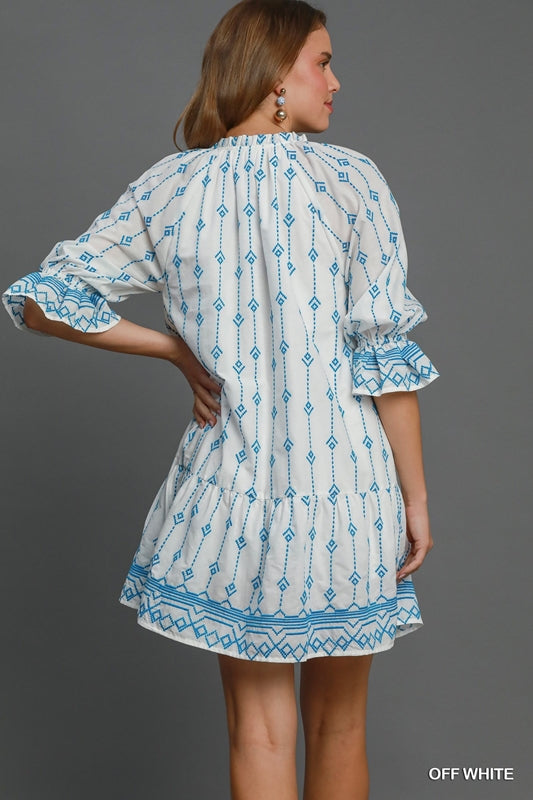 Umgee Embroidered Split Neck Dress - Blue Off White