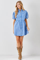 Baevely Pearl Snaps Mini Dress Puff Sleeves - Blue