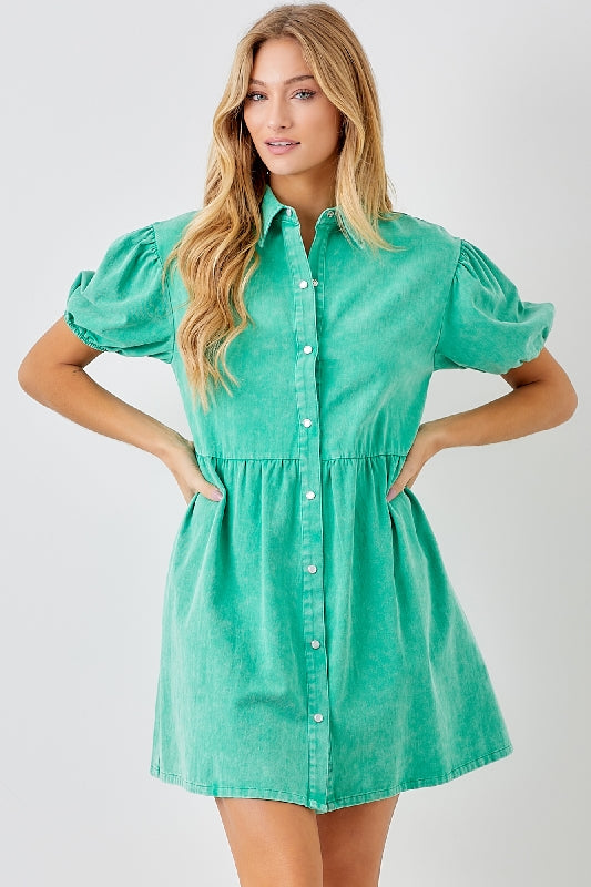 Baevely Pearl Snaps Mini Dress Puff Sleeves - Green